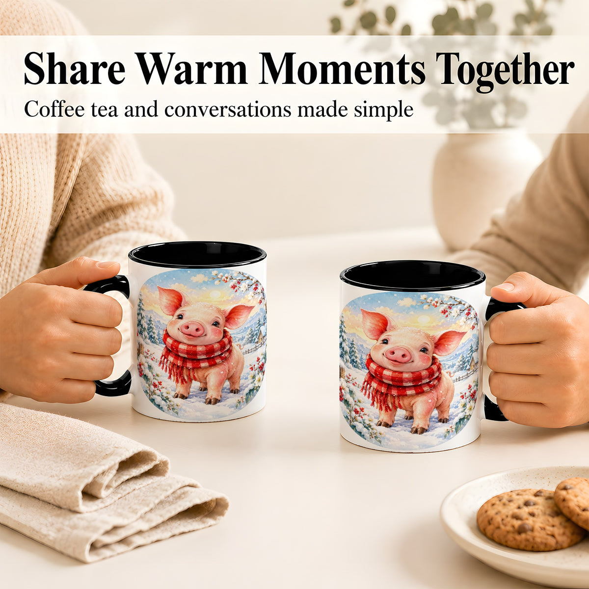 #pl[11oz|Black] Watercolor Pig Coffee Mug, Winter Pig Mug, Ceramic Cup