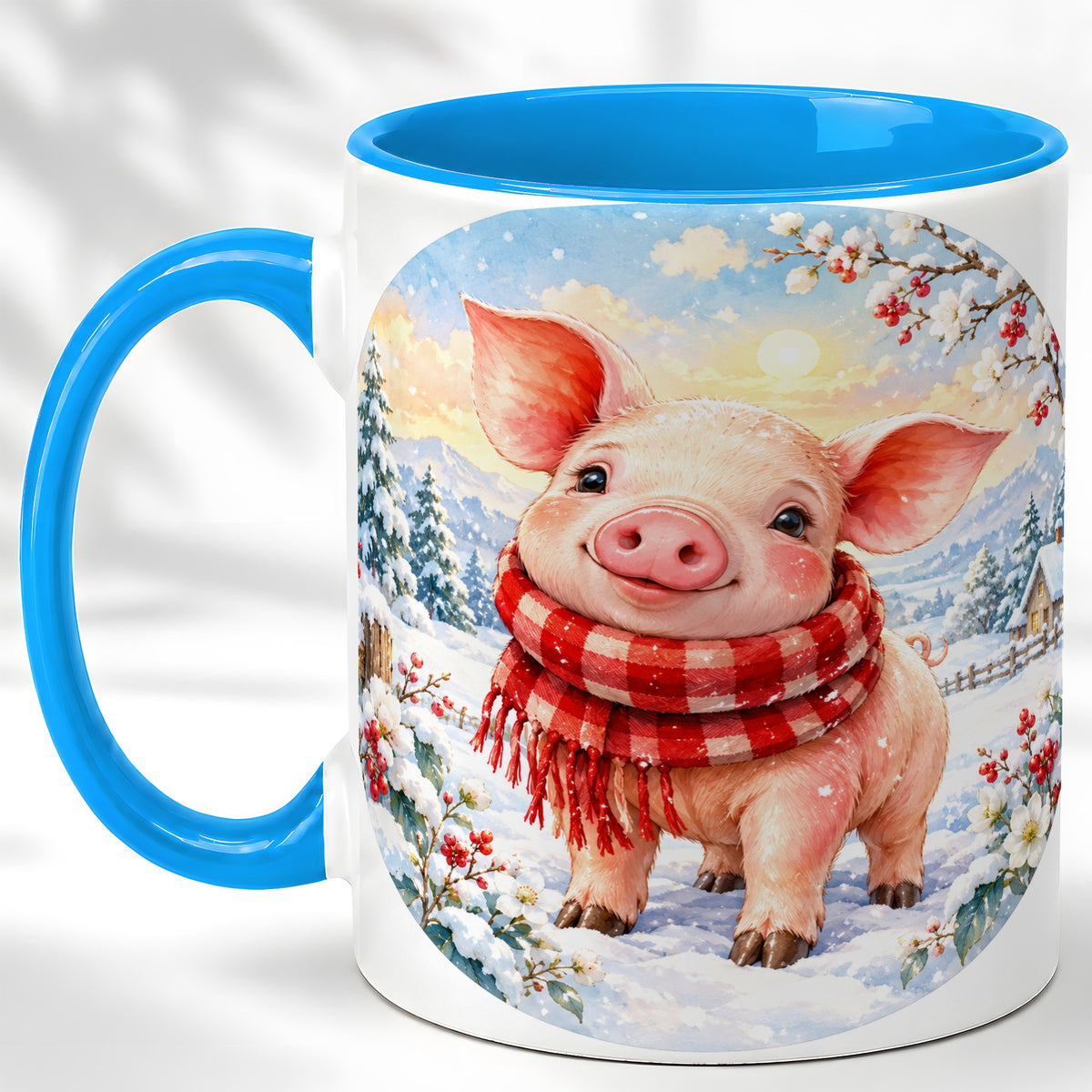 #pl[11oz|Blue] Watercolor Pig Coffee Mug, Winter Pig Mug, Ceramic Cup