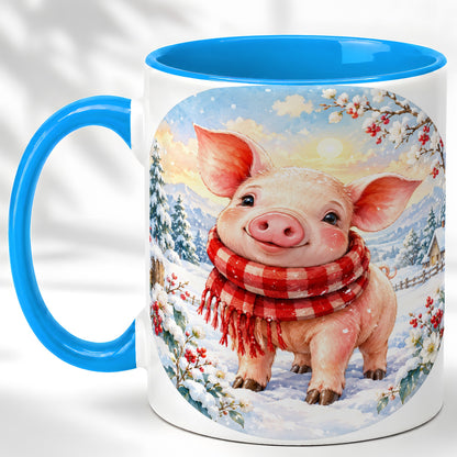 #pl[11oz|Blue] Watercolor Pig Coffee Mug, Winter Pig Mug, Ceramic Cup