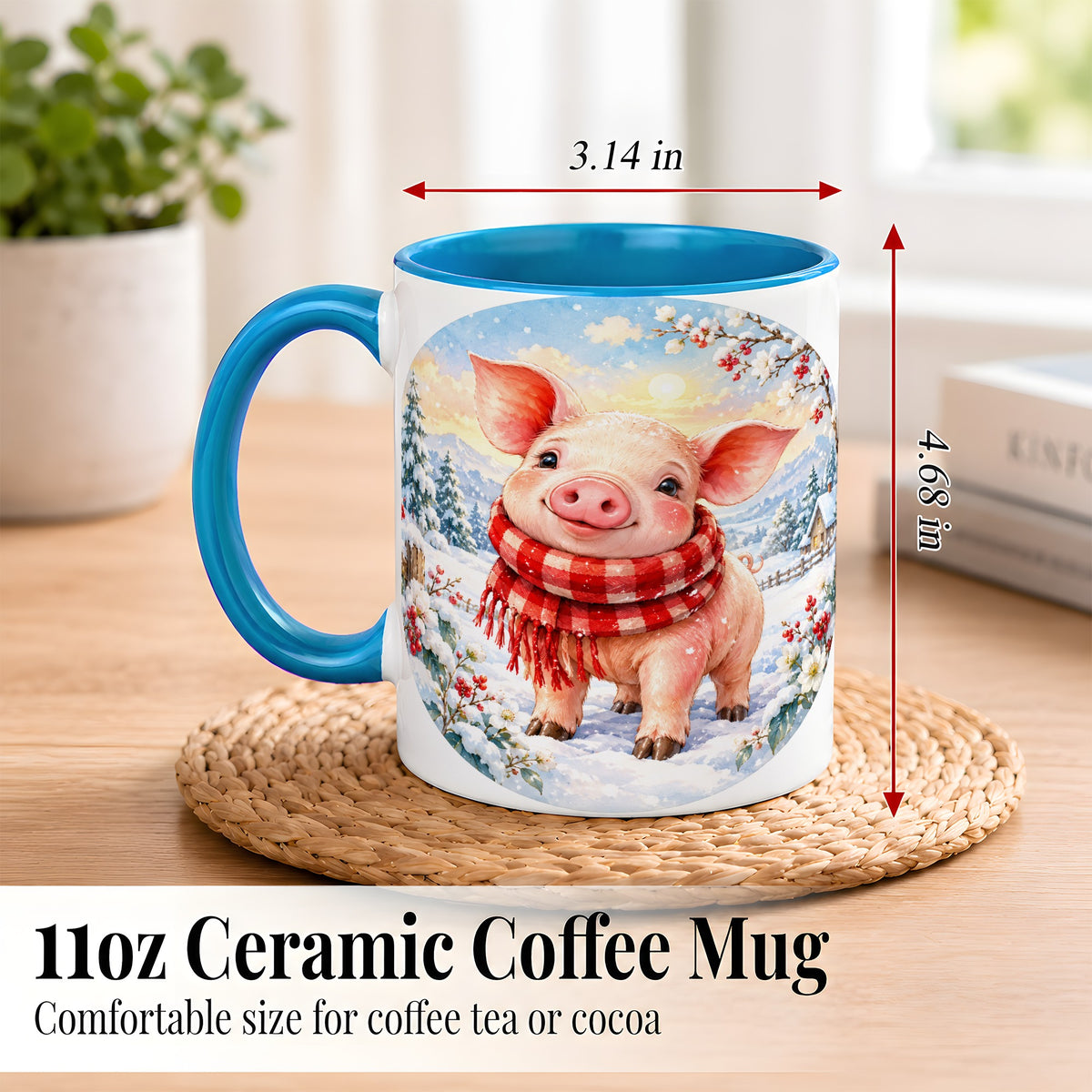 #pl[11oz|Blue] Watercolor Pig Coffee Mug, Winter Pig Mug, Ceramic Cup