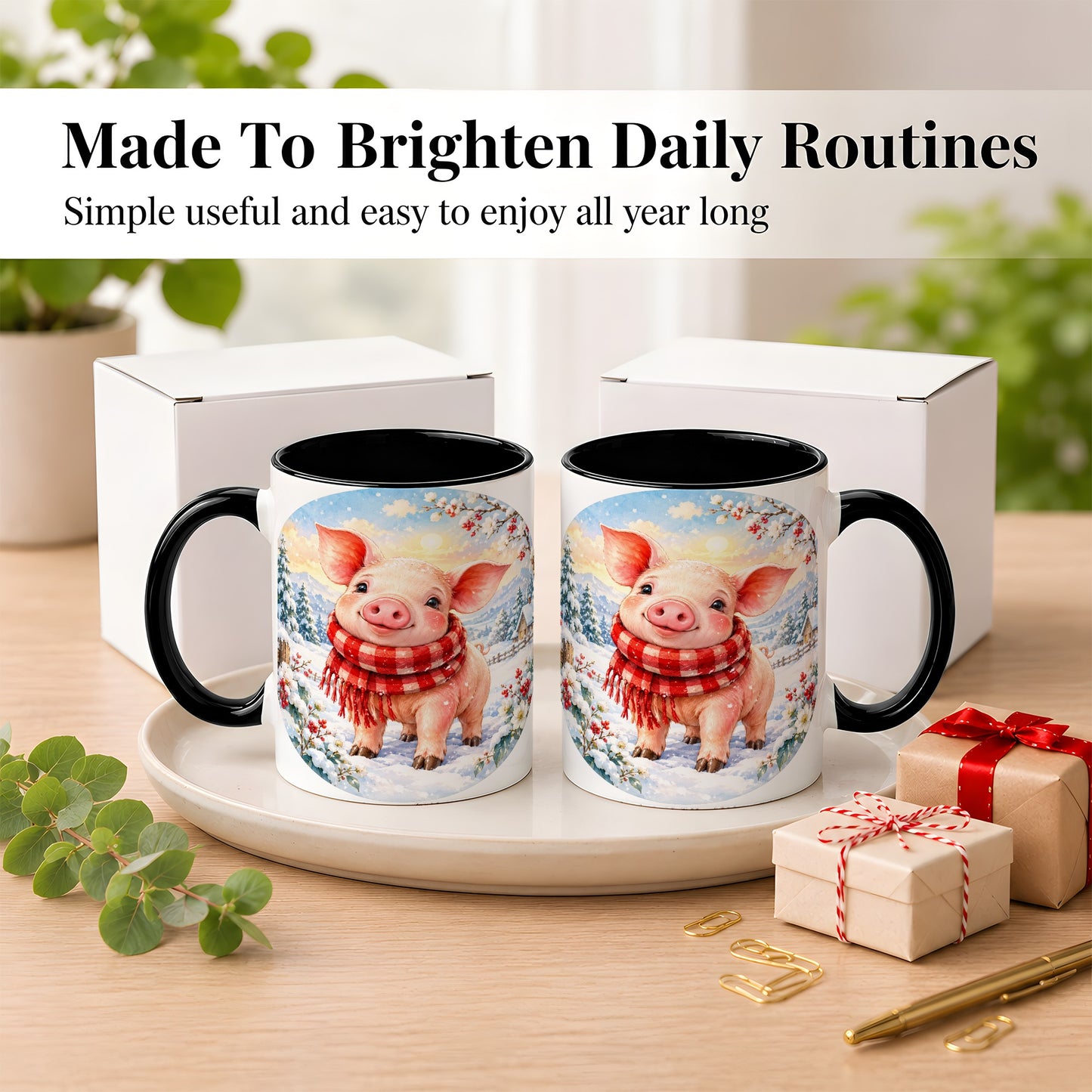#pl[11oz|Black] Watercolor Pig Coffee Mug, Winter Pig Mug, Ceramic Cup