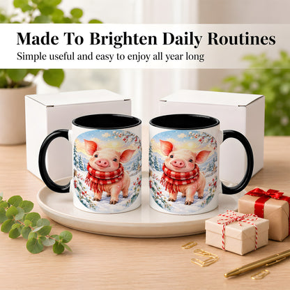 #pl[11oz|Black] Watercolor Pig Coffee Mug, Winter Pig Mug, Ceramic Cup