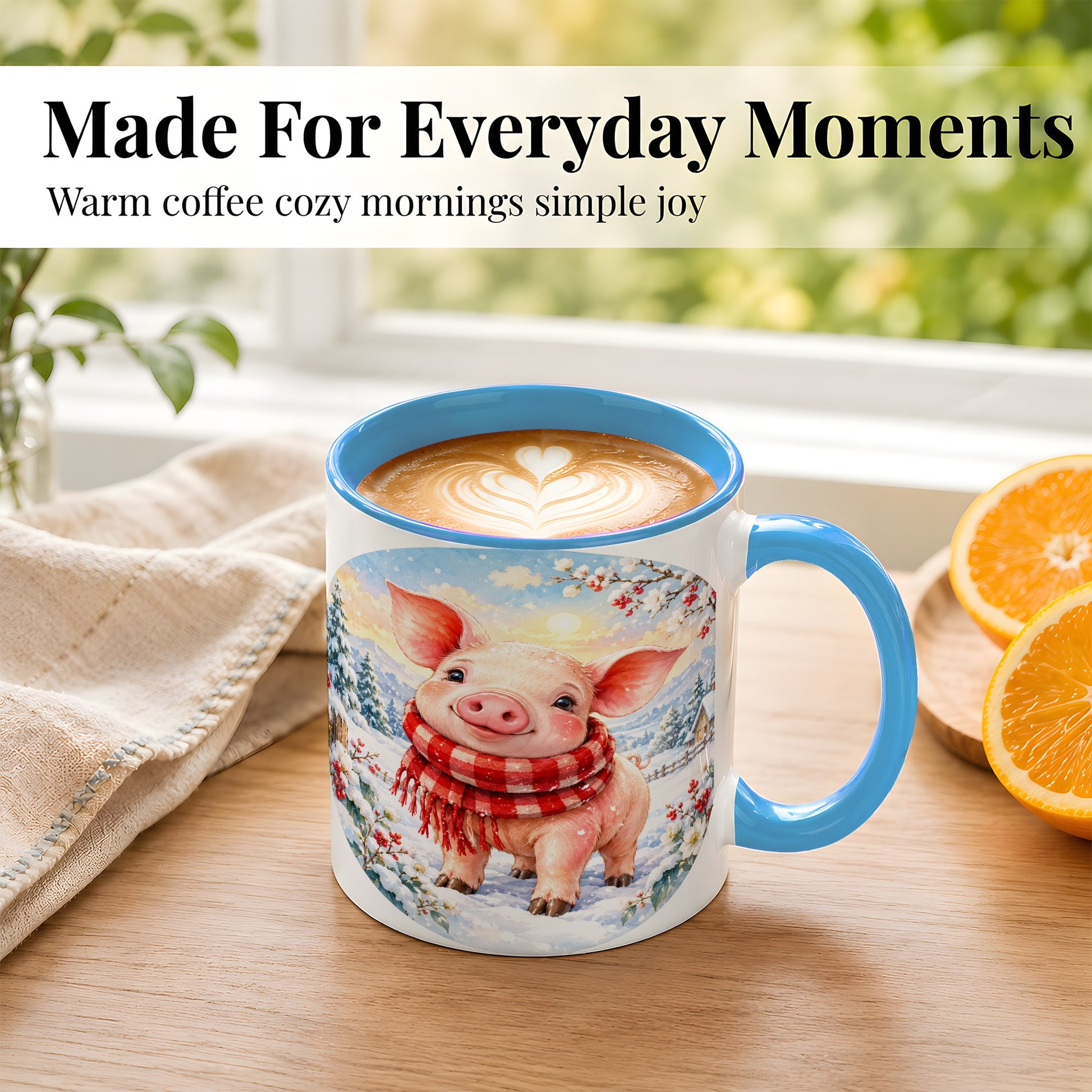 #pl[11oz|Blue] Watercolor Pig Coffee Mug, Winter Pig Mug, Ceramic Cup