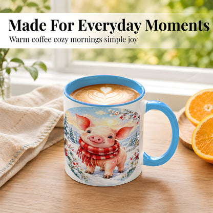 #pl[11oz|Blue] Watercolor Pig Coffee Mug, Winter Pig Mug, Ceramic Cup