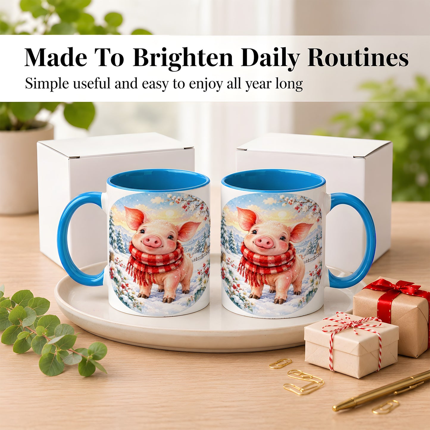 #pl[11oz|Blue] Watercolor Pig Coffee Mug, Winter Pig Mug, Ceramic Cup