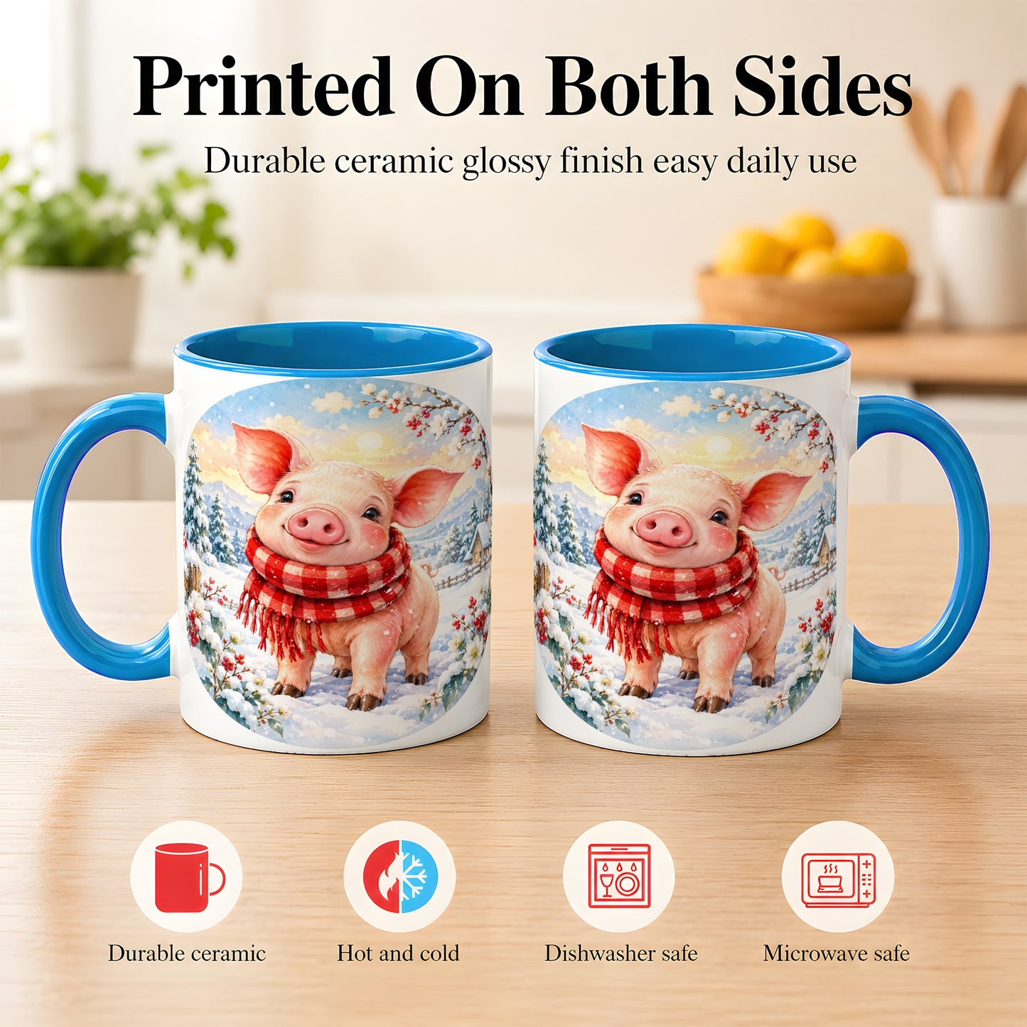 #pl[11oz|Blue] Watercolor Pig Coffee Mug, Winter Pig Mug, Ceramic Cup