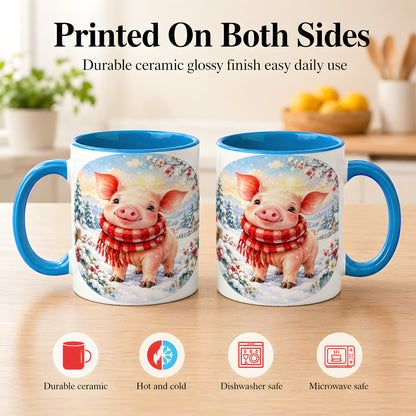 #pl[11oz|Blue] Watercolor Pig Coffee Mug, Winter Pig Mug, Ceramic Cup
