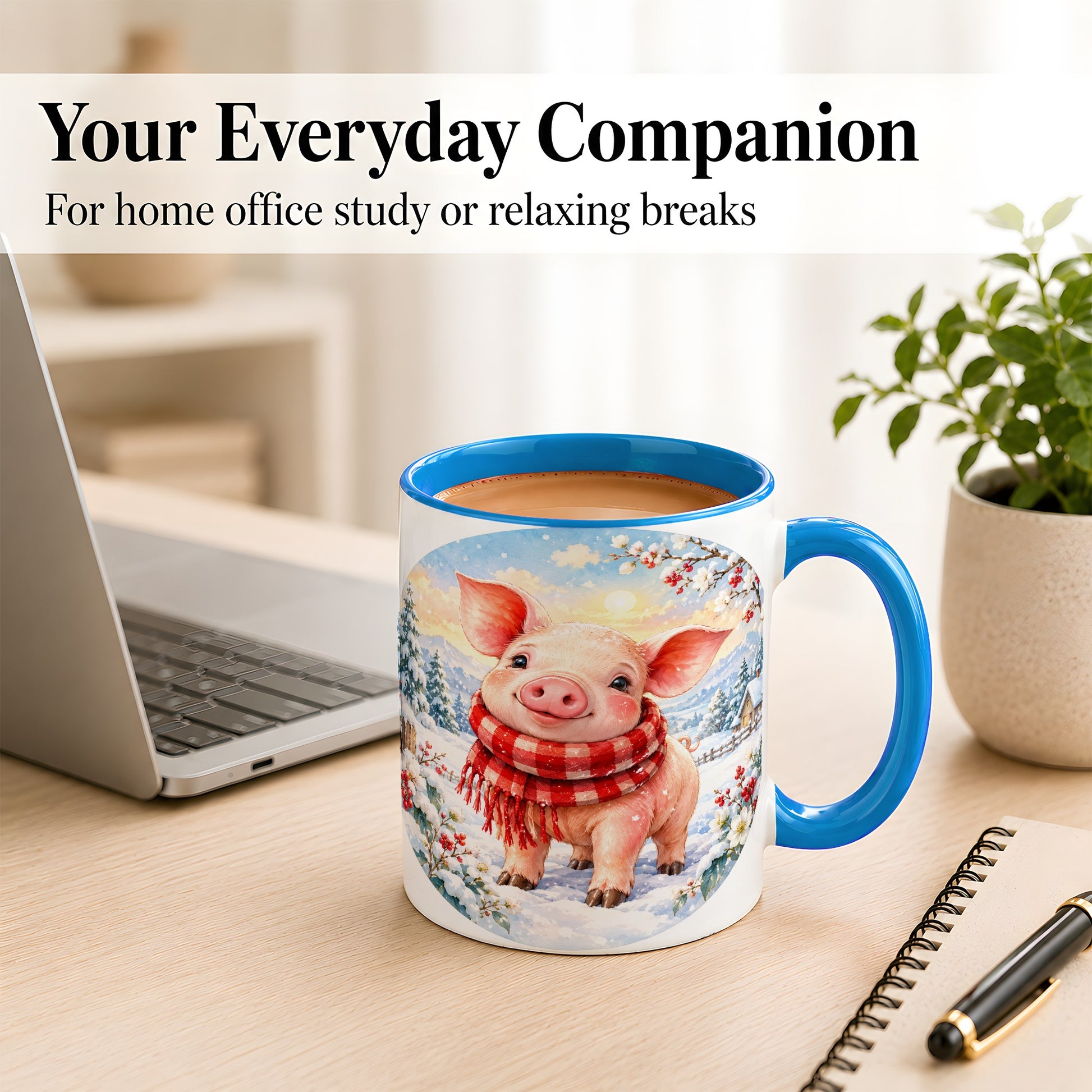 #pl[11oz|Blue] Watercolor Pig Coffee Mug, Winter Pig Mug, Ceramic Cup