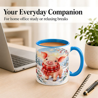 #pl[11oz|Blue] Watercolor Pig Coffee Mug, Winter Pig Mug, Ceramic Cup
