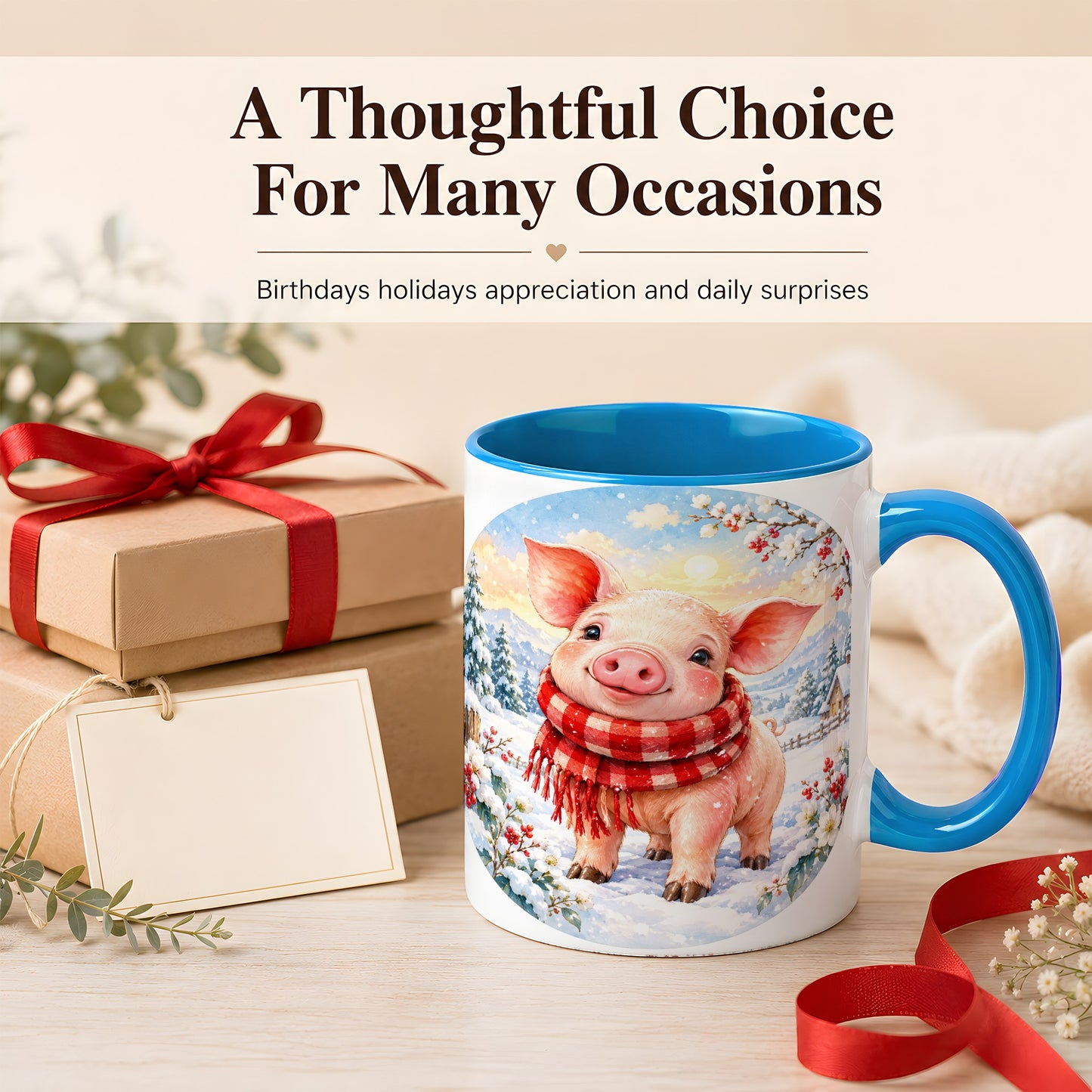 #pl[11oz|Blue] Watercolor Pig Coffee Mug, Winter Pig Mug, Ceramic Cup
