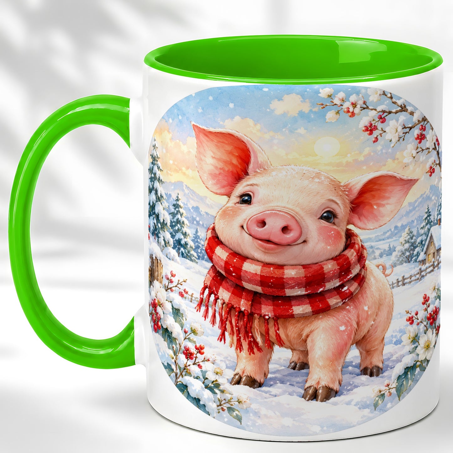 #pl[11oz|Green] Watercolor Pig Coffee Mug, Winter Pig Mug, Ceramic Cup