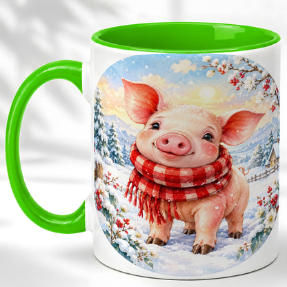 #pl[11oz|Green] Watercolor Pig Coffee Mug, Winter Pig Mug, Ceramic Cup