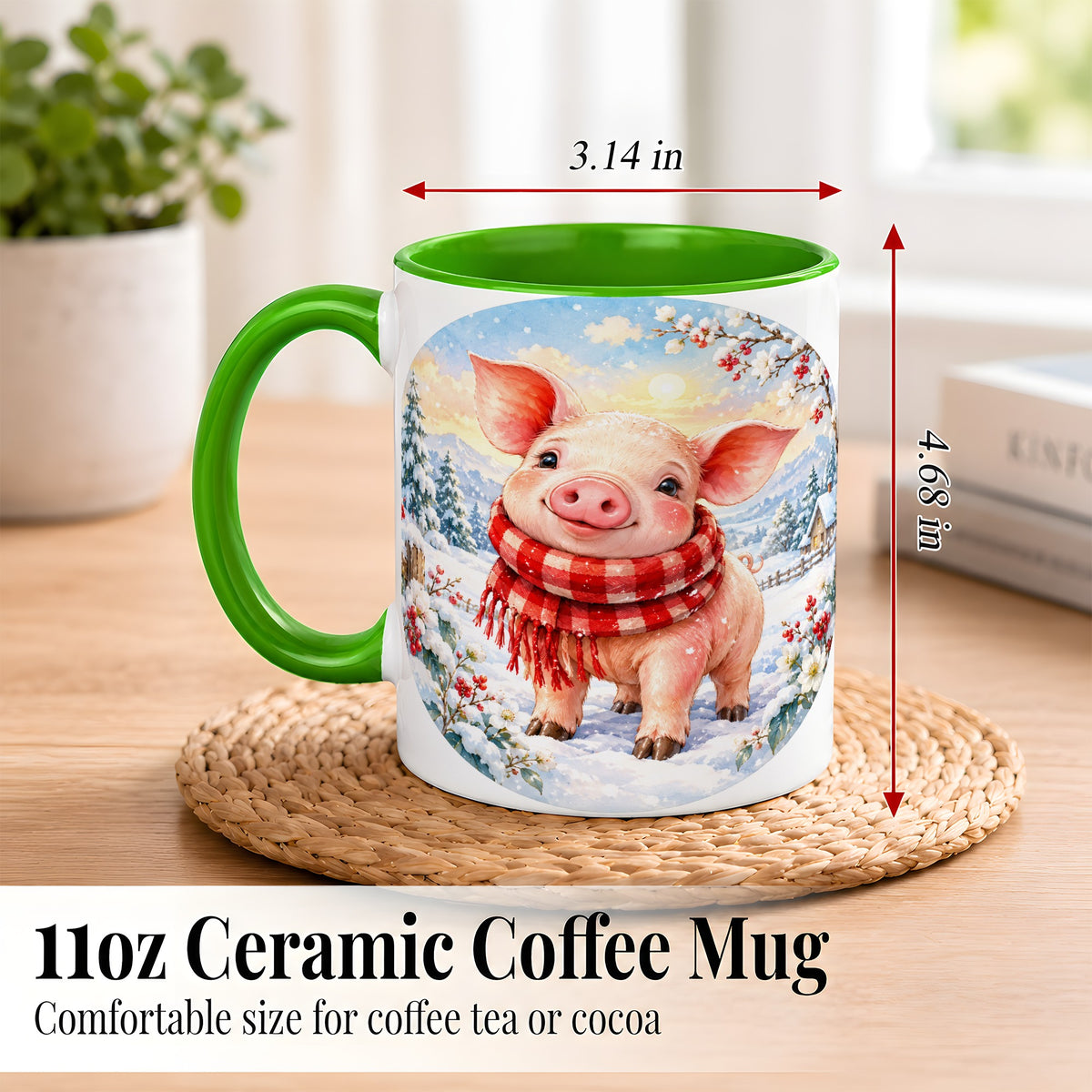 #pl[11oz|Green] Watercolor Pig Coffee Mug, Winter Pig Mug, Ceramic Cup