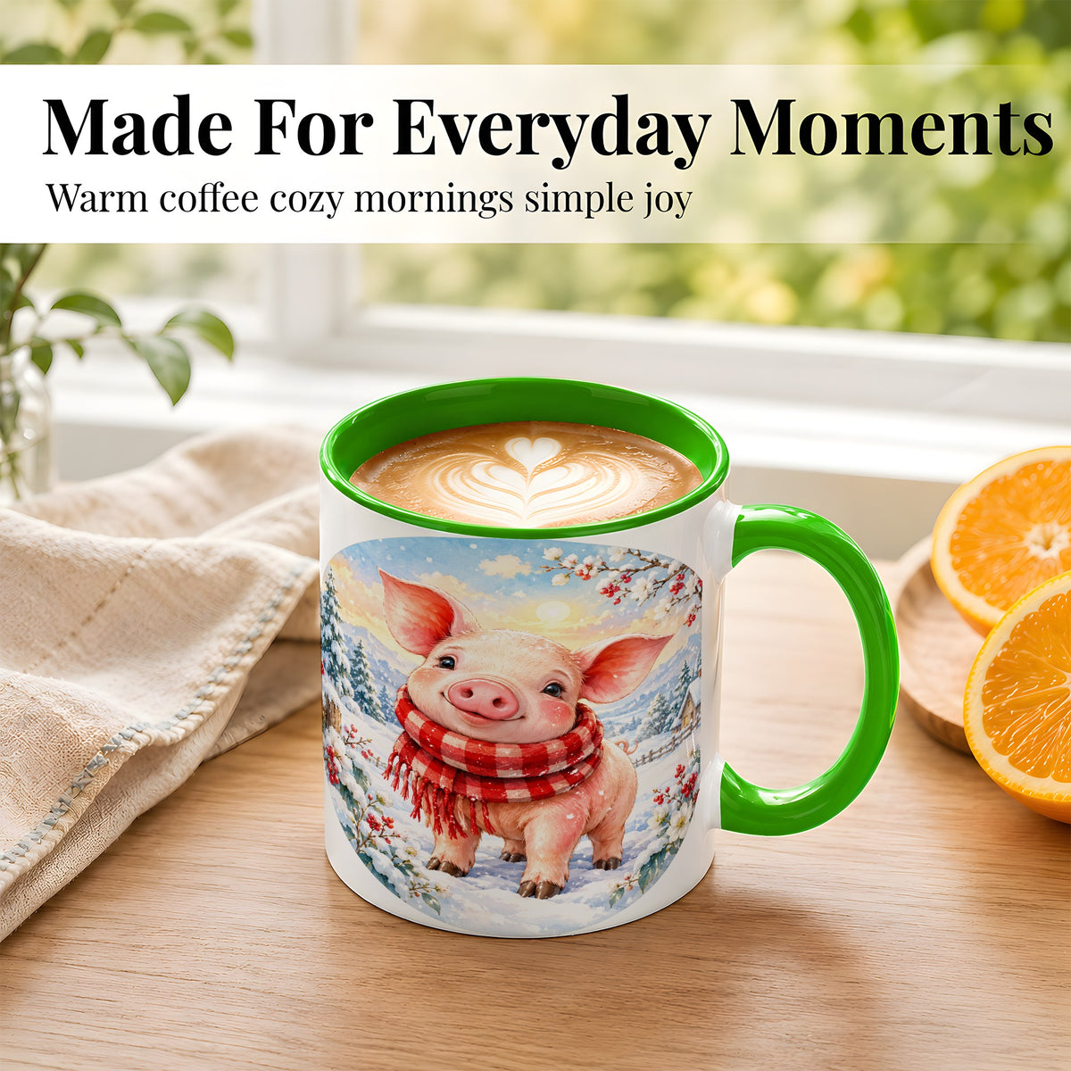 #pl[11oz|Green] Watercolor Pig Coffee Mug, Winter Pig Mug, Ceramic Cup