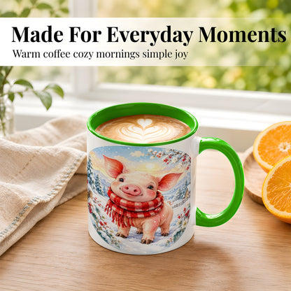 #pl[11oz|Green] Watercolor Pig Coffee Mug, Winter Pig Mug, Ceramic Cup