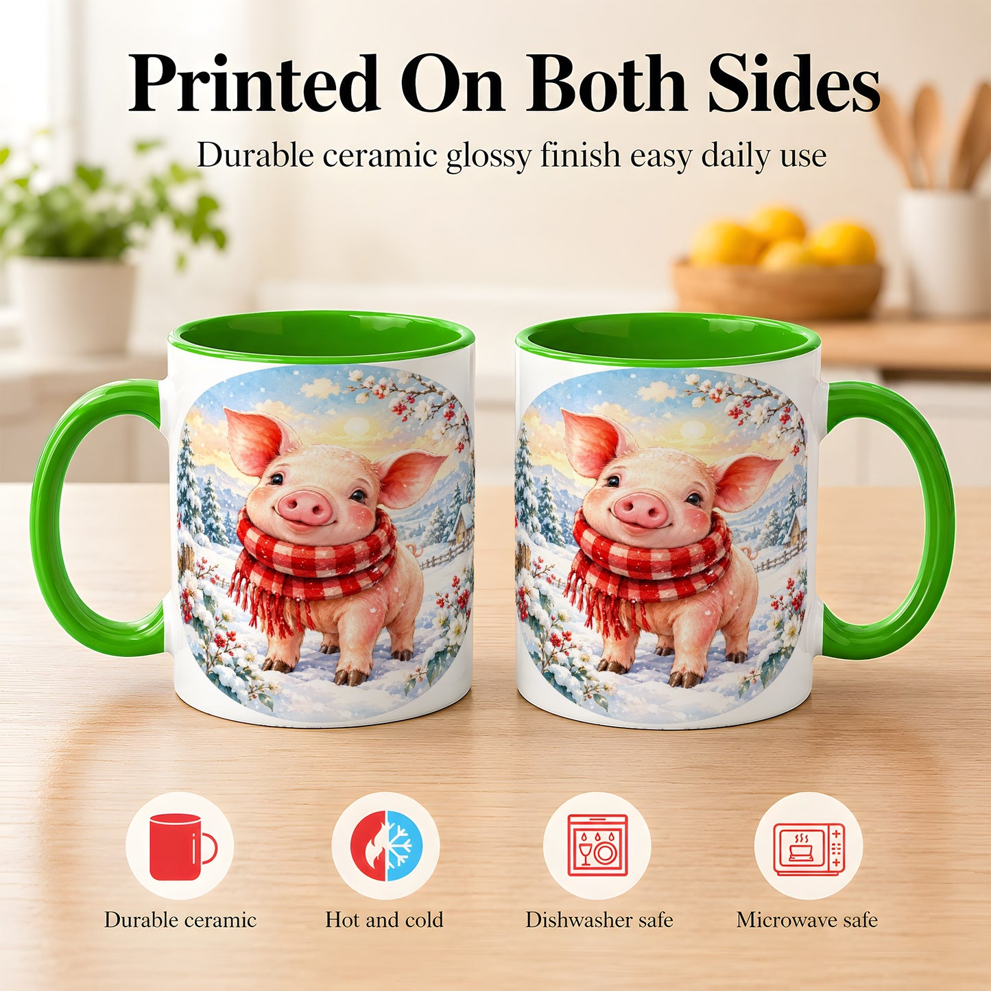 #pl[11oz|Green] Watercolor Pig Coffee Mug, Winter Pig Mug, Ceramic Cup