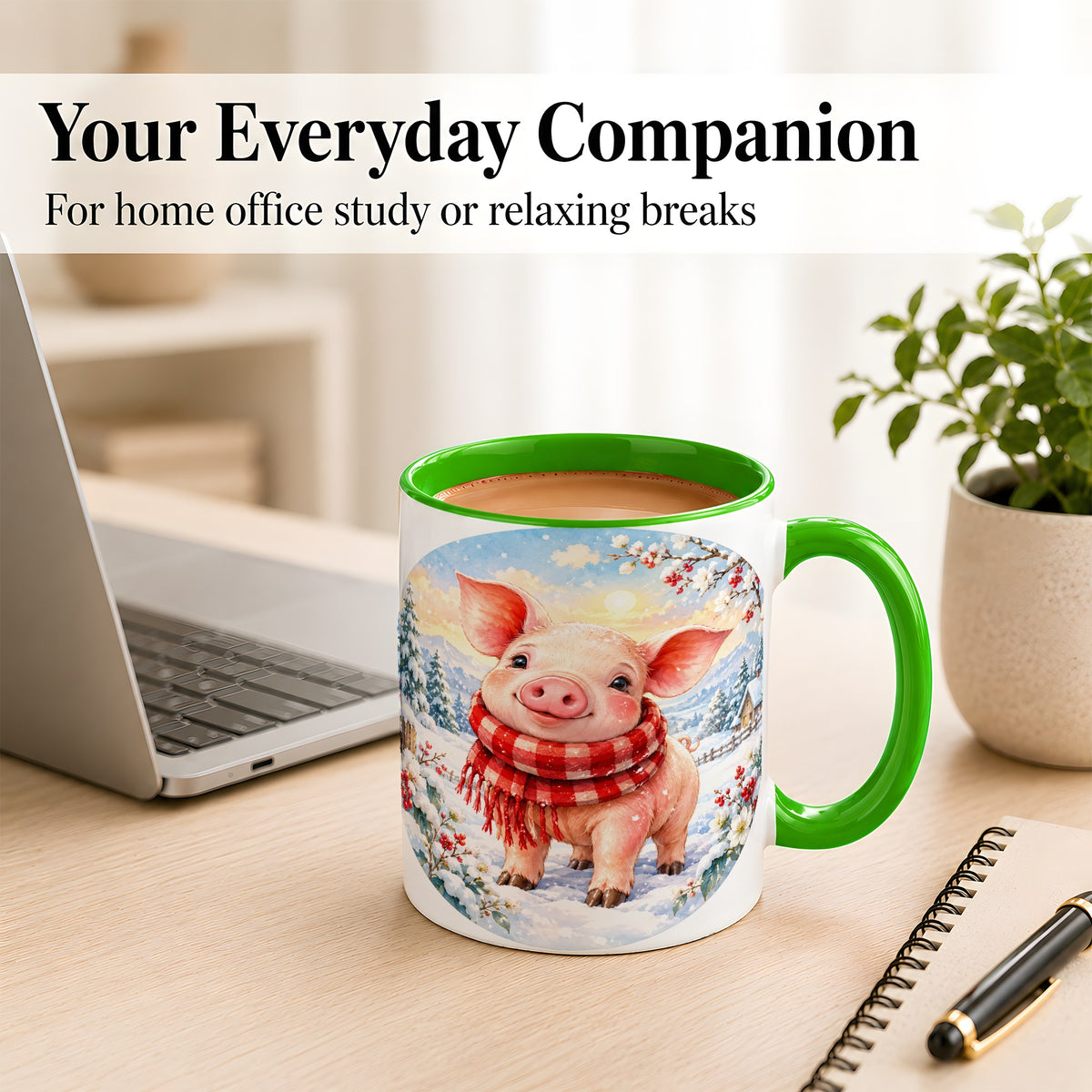 #pl[11oz|Green] Watercolor Pig Coffee Mug, Winter Pig Mug, Ceramic Cup