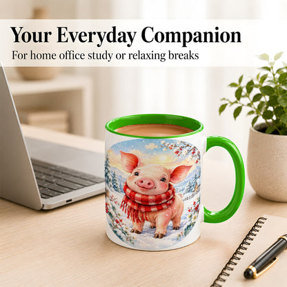 #pl[11oz|Green] Watercolor Pig Coffee Mug, Winter Pig Mug, Ceramic Cup