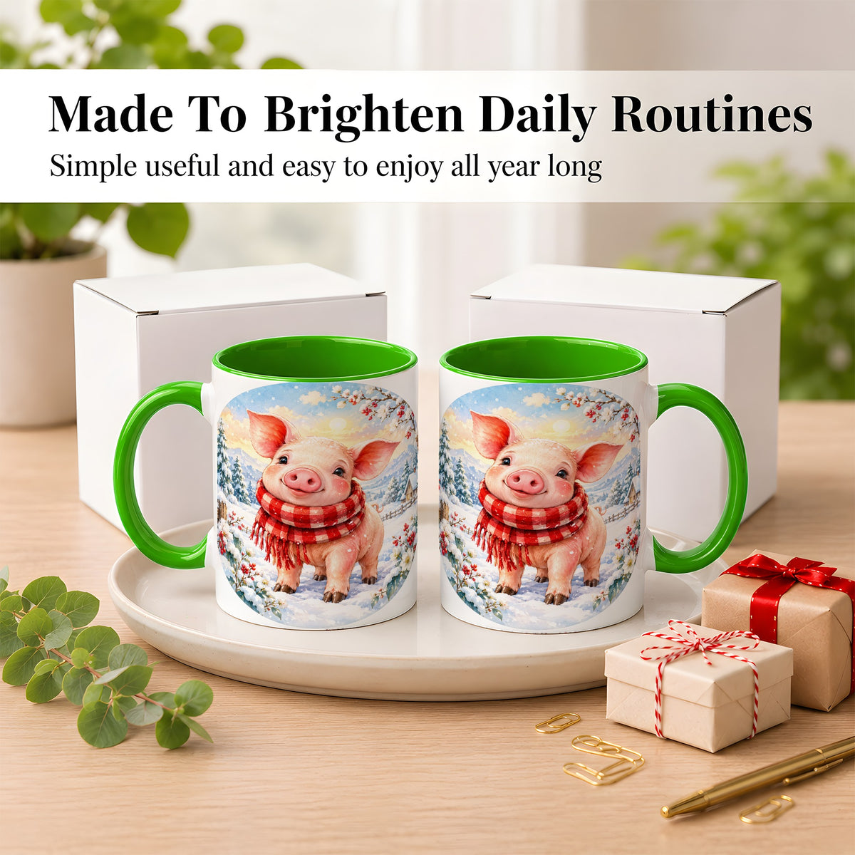 #pl[11oz|Green] Watercolor Pig Coffee Mug, Winter Pig Mug, Ceramic Cup
