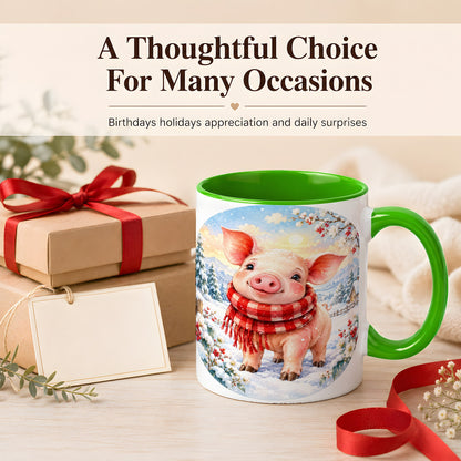#pl[11oz|Green] Watercolor Pig Coffee Mug, Winter Pig Mug, Ceramic Cup