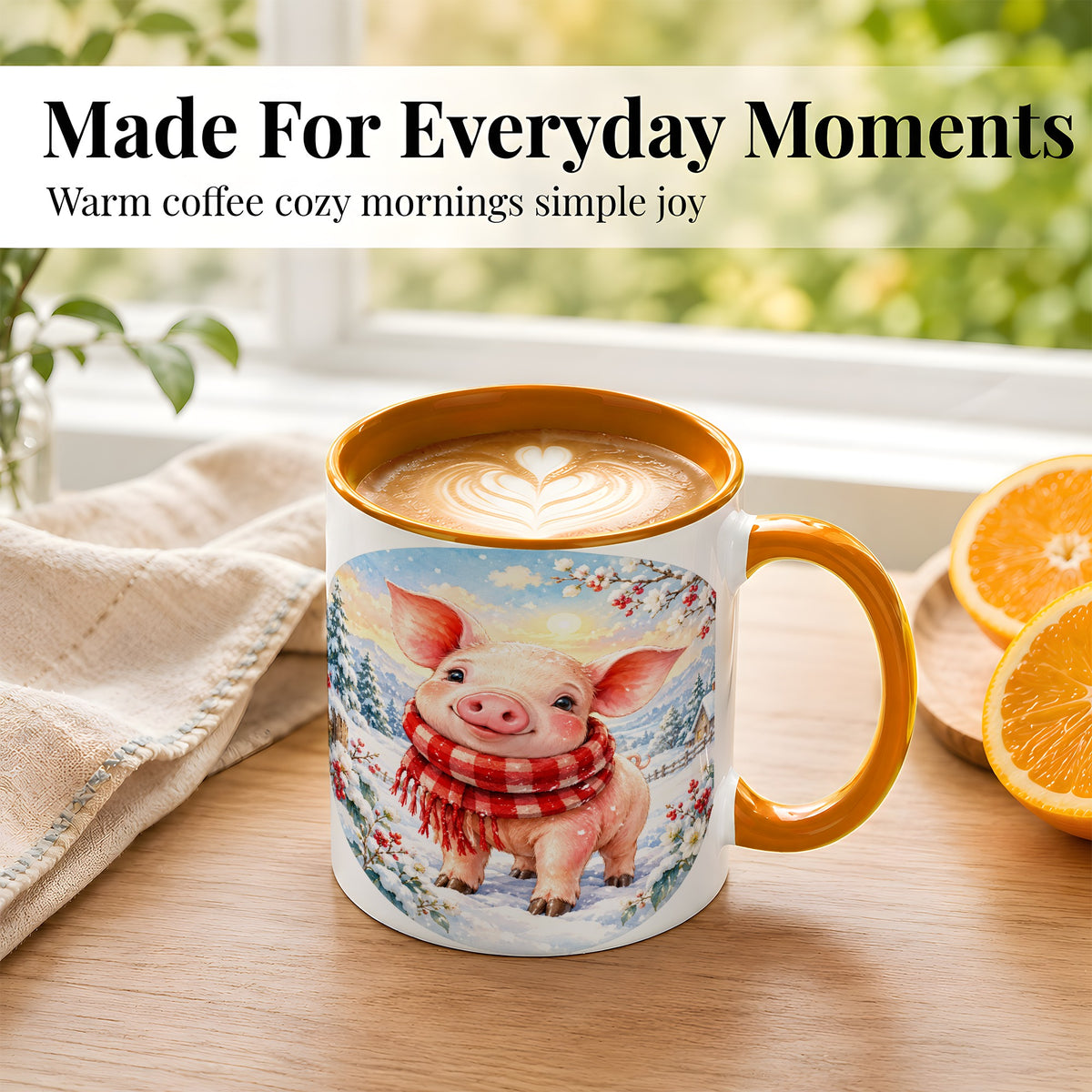 #pl[11oz|Orange] Watercolor Pig Coffee Mug, Winter Pig Mug, Ceramic Cup