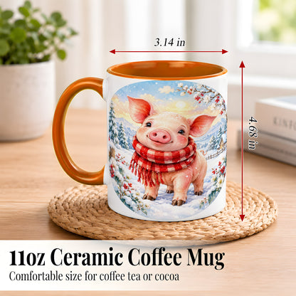 #pl[11oz|Orange] Watercolor Pig Coffee Mug, Winter Pig Mug, Ceramic Cup