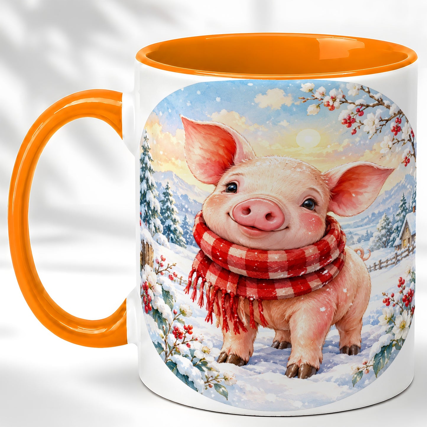 #pl[11oz|Orange] Watercolor Pig Coffee Mug, Winter Pig Mug, Ceramic Cup
