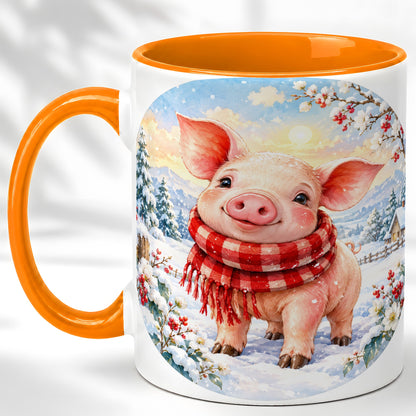 #pl[11oz|Orange] Watercolor Pig Coffee Mug, Winter Pig Mug, Ceramic Cup