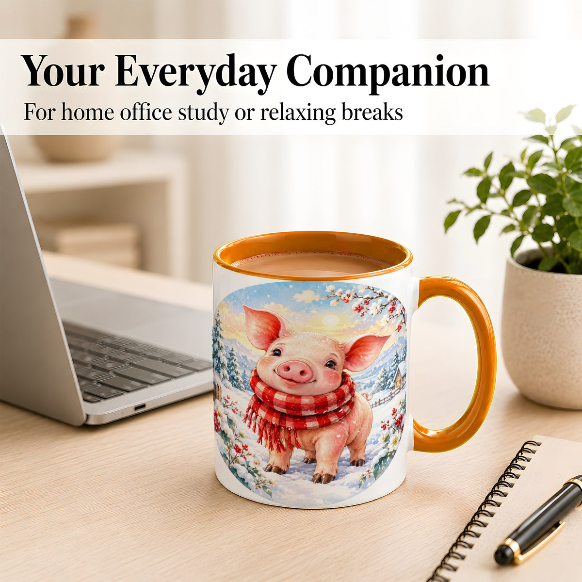 #pl[11oz|Orange] Watercolor Pig Coffee Mug, Winter Pig Mug, Ceramic Cup