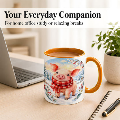 #pl[11oz|Orange] Watercolor Pig Coffee Mug, Winter Pig Mug, Ceramic Cup