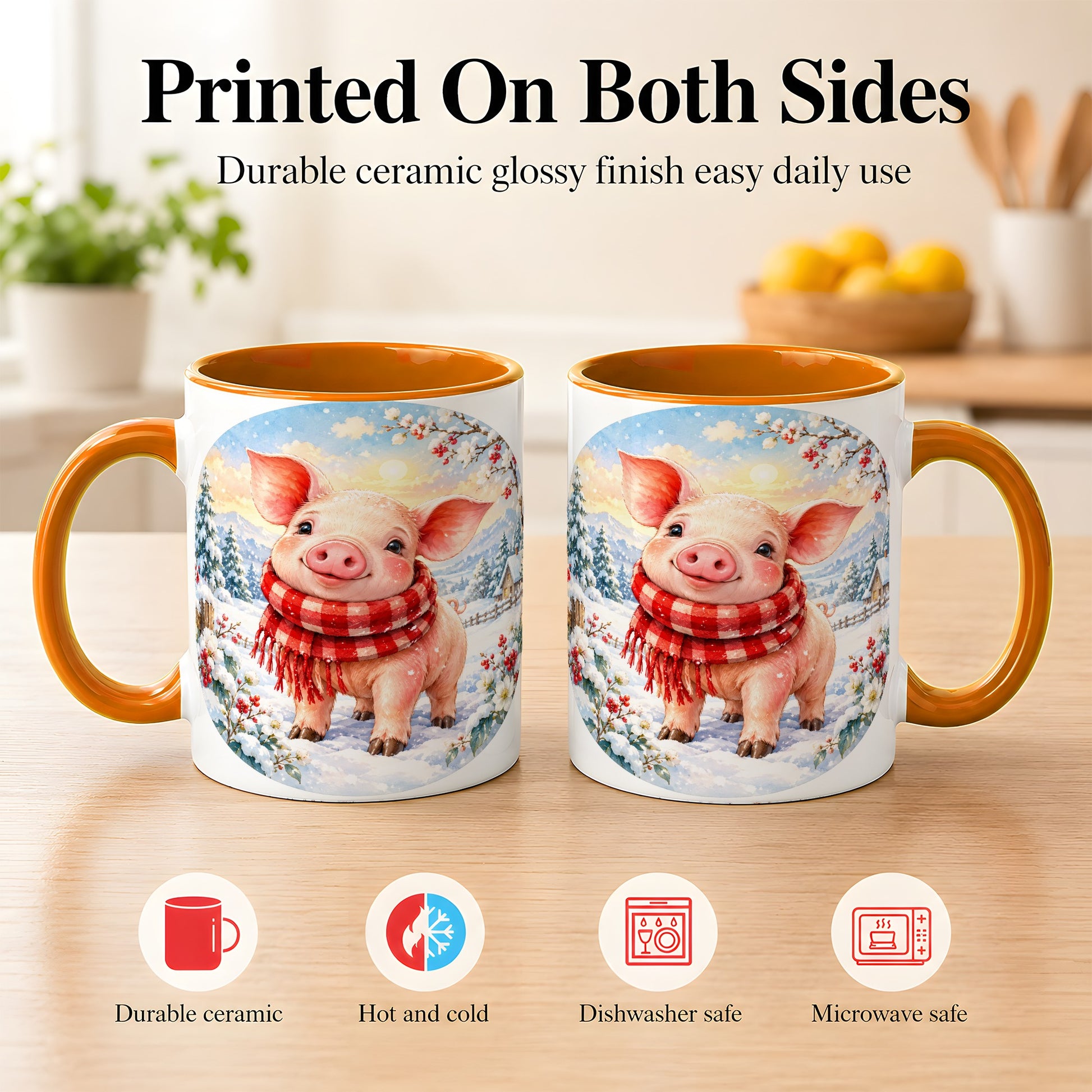 #pl[11oz|Orange] Watercolor Pig Coffee Mug, Winter Pig Mug, Ceramic Cup