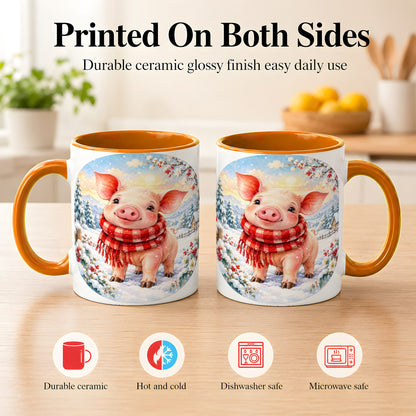 #pl[11oz|Orange] Watercolor Pig Coffee Mug, Winter Pig Mug, Ceramic Cup
