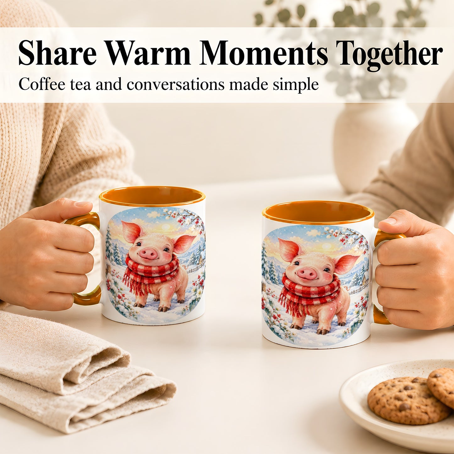 #pl[11oz|Orange] Watercolor Pig Coffee Mug, Winter Pig Mug, Ceramic Cup