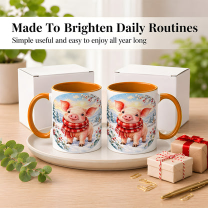 #pl[11oz|Orange] Watercolor Pig Coffee Mug, Winter Pig Mug, Ceramic Cup