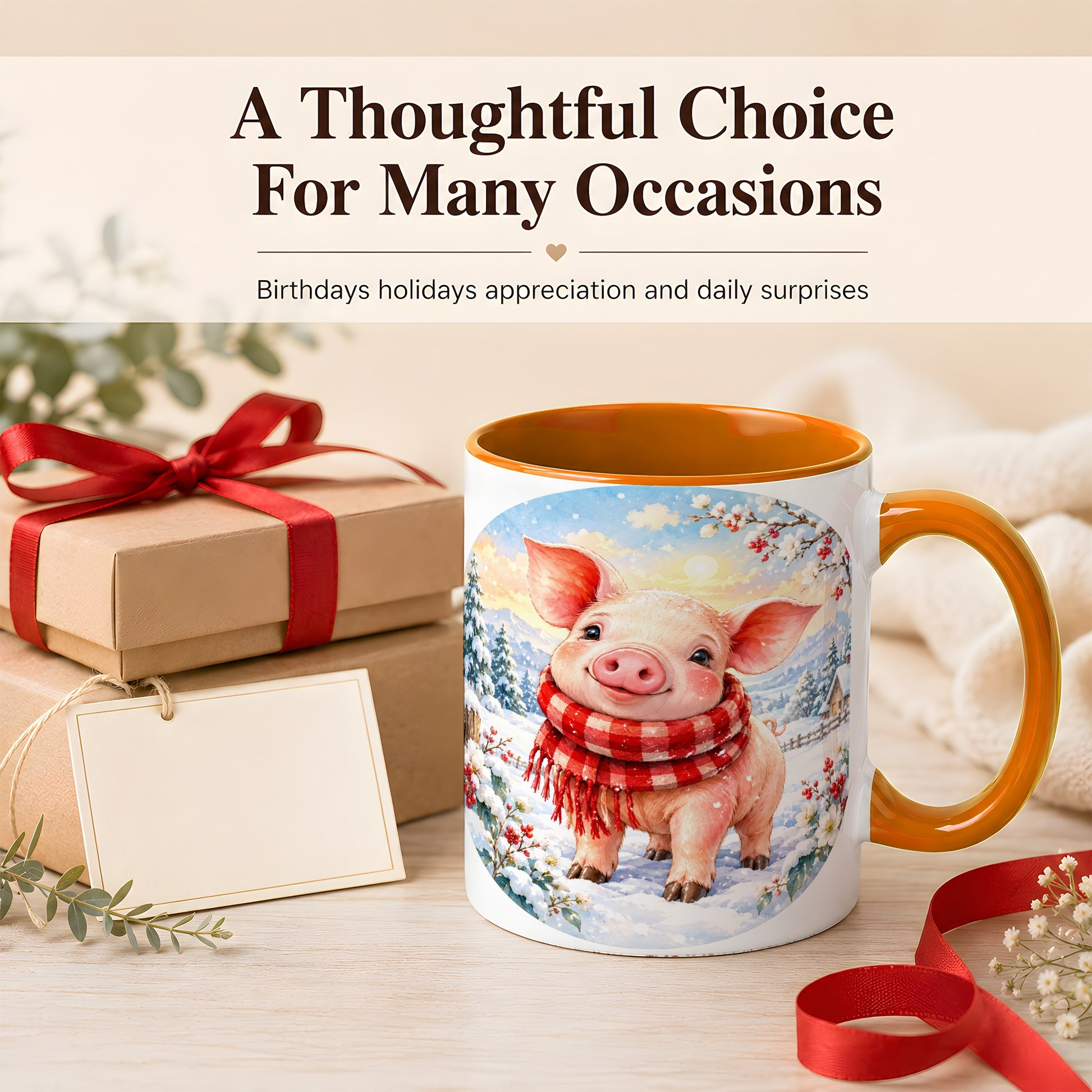 #pl[11oz|Orange] Watercolor Pig Coffee Mug, Winter Pig Mug, Ceramic Cup