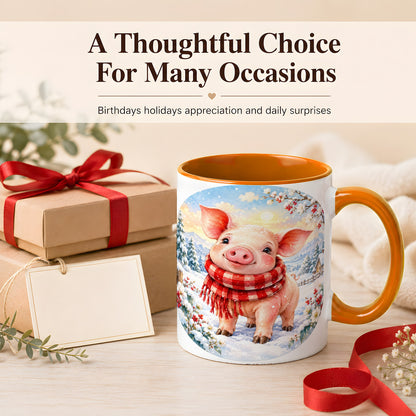 #pl[11oz|Orange] Watercolor Pig Coffee Mug, Winter Pig Mug, Ceramic Cup