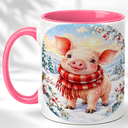 #pl[11oz|Pink] Watercolor Pig Coffee Mug, Winter Pig Mug, Ceramic Cup