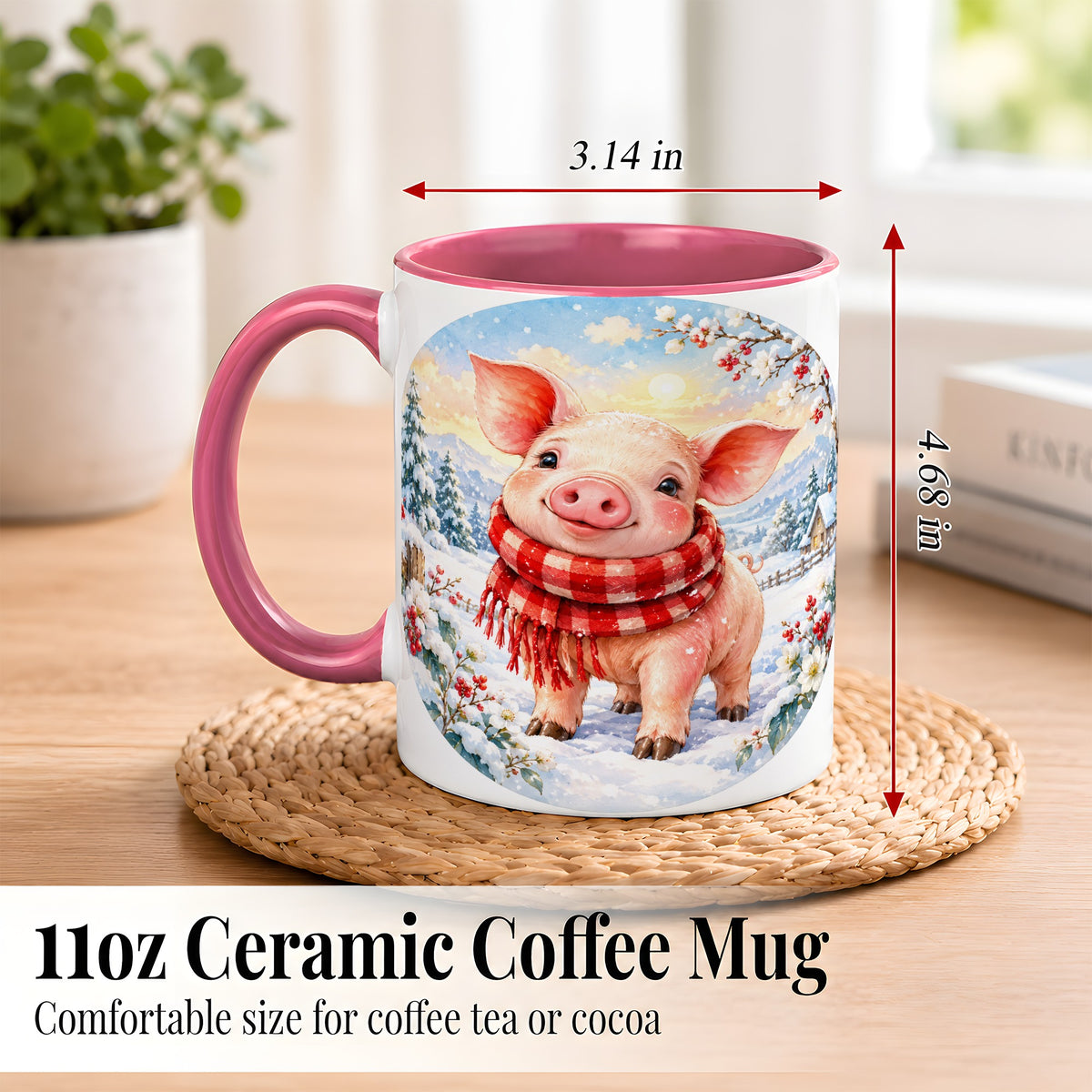 #pl[11oz|Pink] Watercolor Pig Coffee Mug, Winter Pig Mug, Ceramic Cup