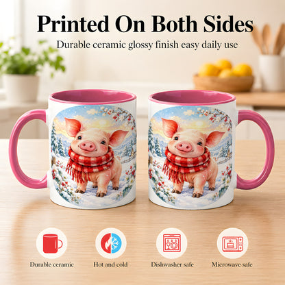 #pl[11oz|Pink] Watercolor Pig Coffee Mug, Winter Pig Mug, Ceramic Cup