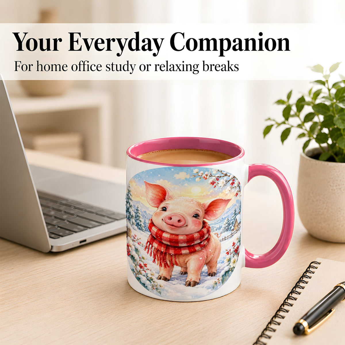 #pl[11oz|Pink] Watercolor Pig Coffee Mug, Winter Pig Mug, Ceramic Cup