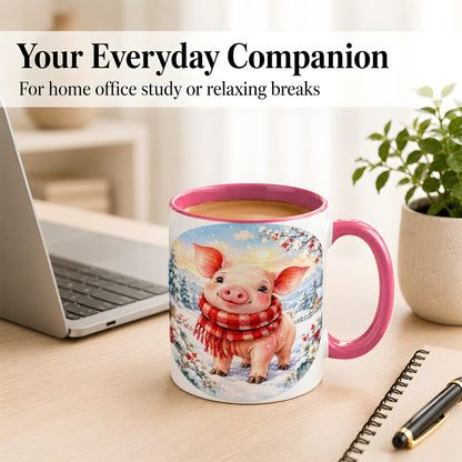 #pl[11oz|Pink] Watercolor Pig Coffee Mug, Winter Pig Mug, Ceramic Cup