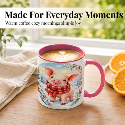 #pl[11oz|Pink] Watercolor Pig Coffee Mug, Winter Pig Mug, Ceramic Cup