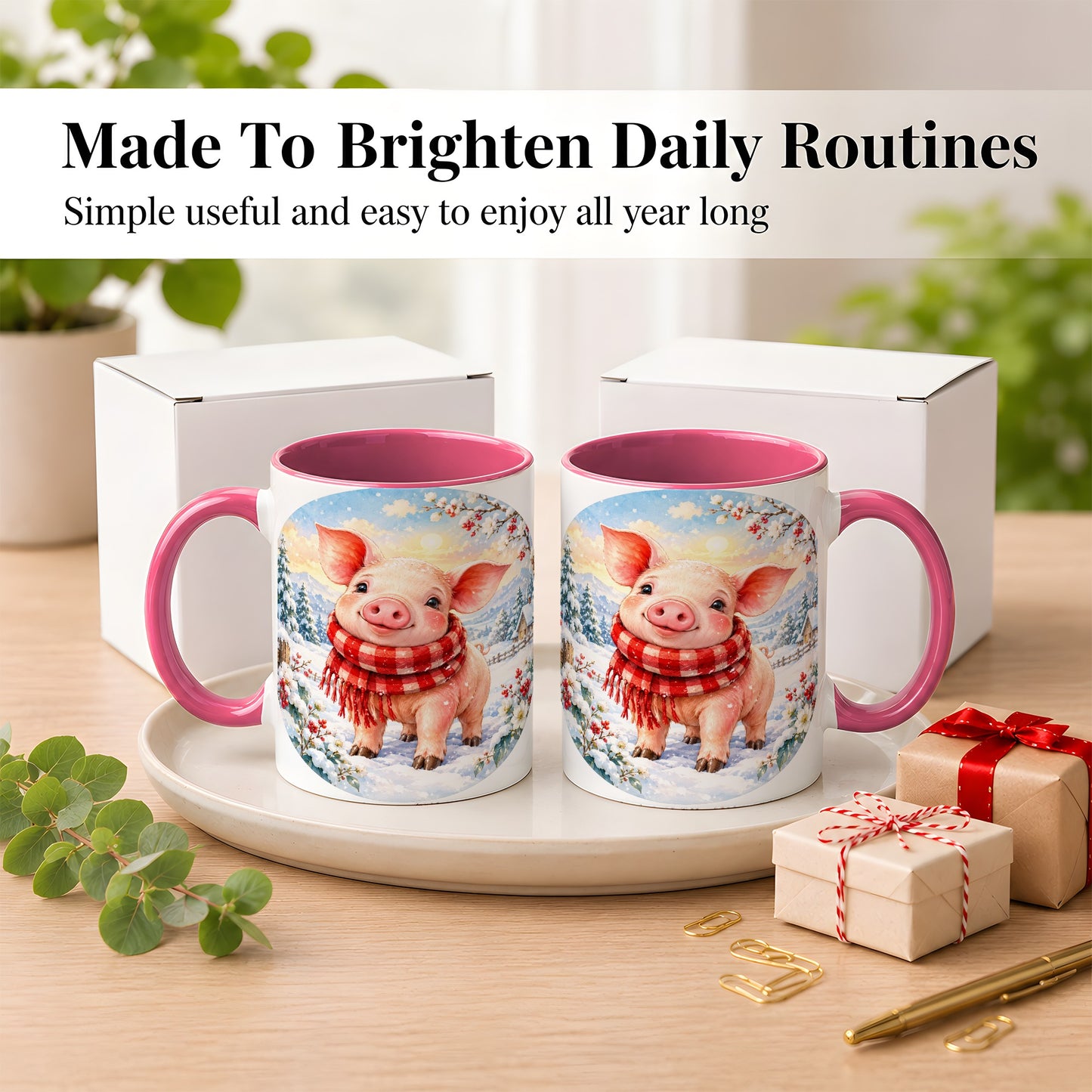 #pl[11oz|Pink] Watercolor Pig Coffee Mug, Winter Pig Mug, Ceramic Cup