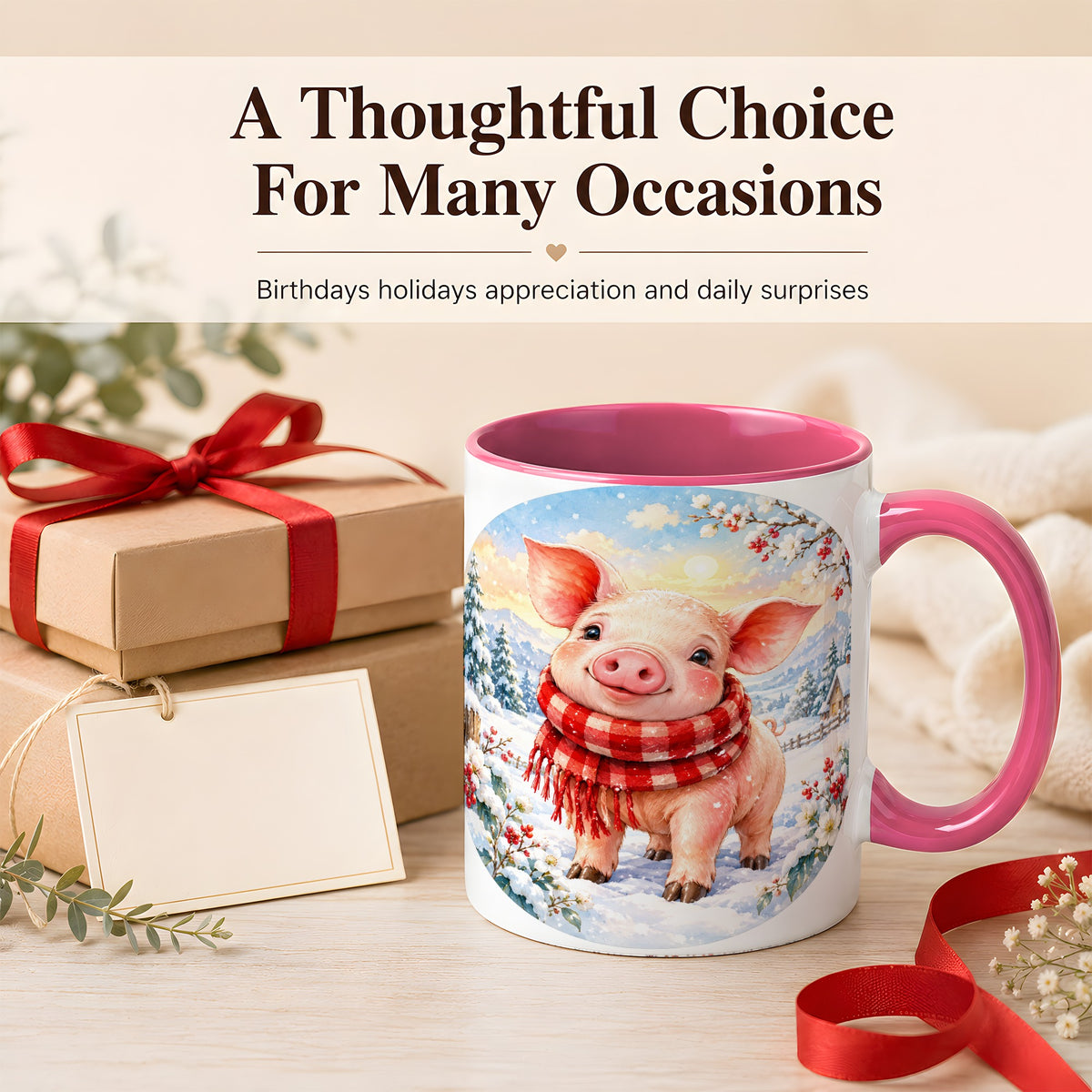 #pl[11oz|Pink] Watercolor Pig Coffee Mug, Winter Pig Mug, Ceramic Cup