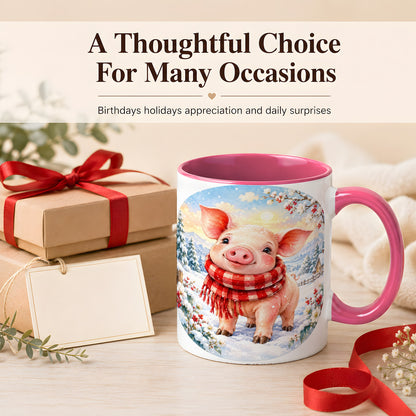 #pl[11oz|Pink] Watercolor Pig Coffee Mug, Winter Pig Mug, Ceramic Cup