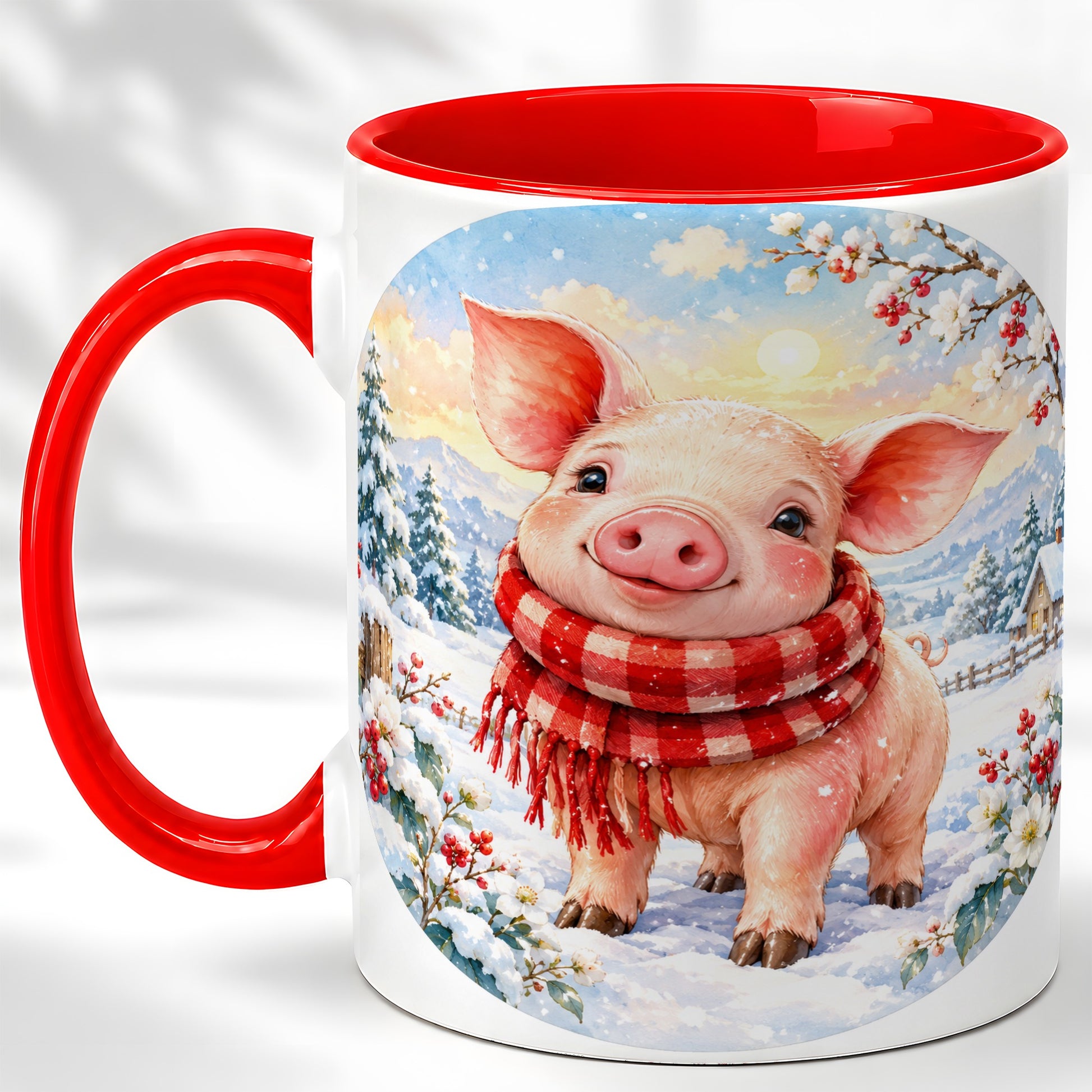 Watercolor Pig Coffee Mug, Winter Pig Mug, Ceramic Cup