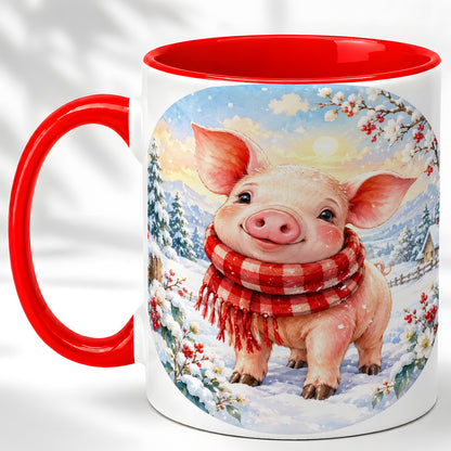 Watercolor Pig Coffee Mug, Winter Pig Mug, Ceramic Cup