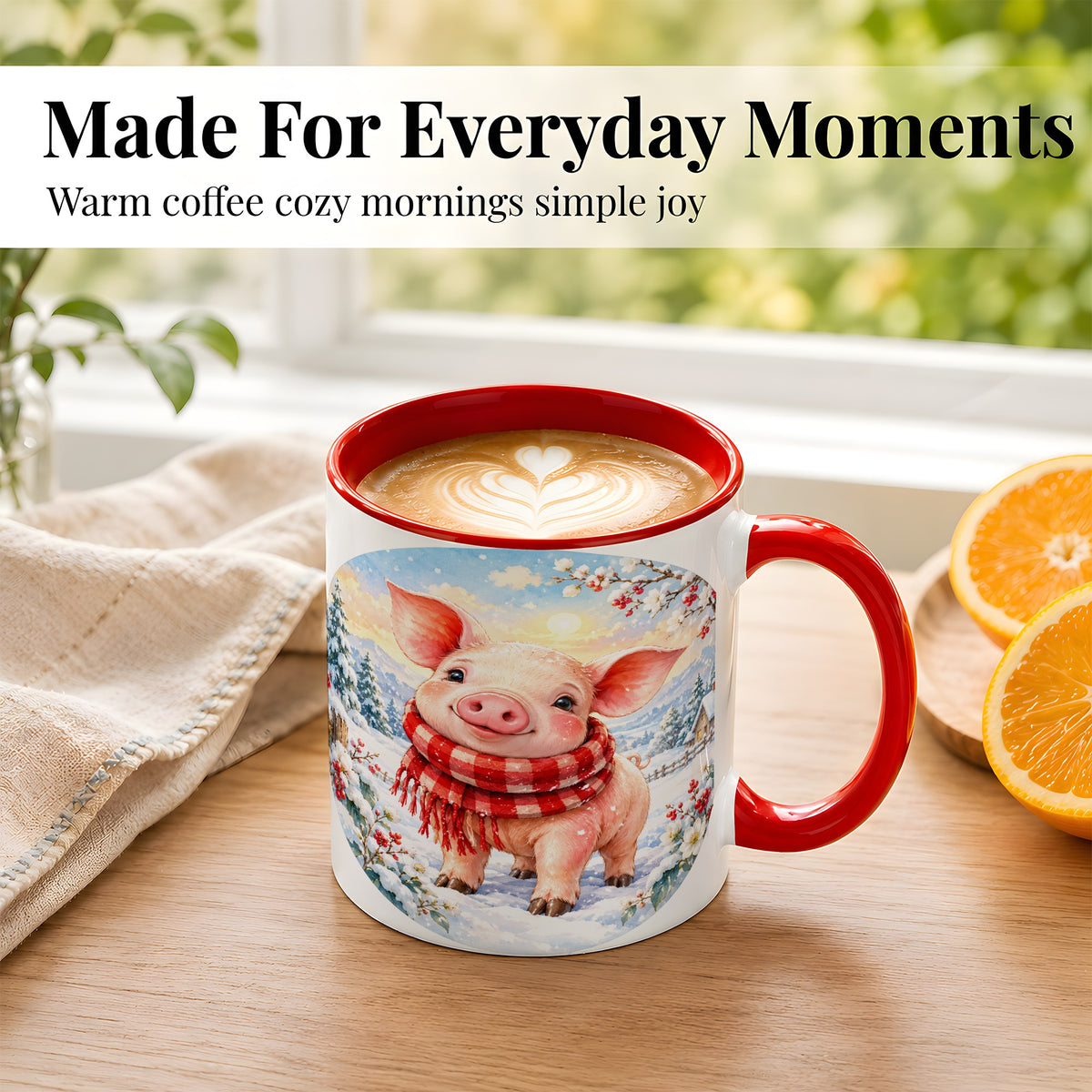 #pl[11oz|Red] Watercolor Pig Coffee Mug, Winter Pig Mug, Ceramic Cup