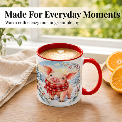 #pl[11oz|Red] Watercolor Pig Coffee Mug, Winter Pig Mug, Ceramic Cup