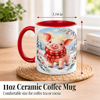 #pl[11oz|Red] Watercolor Pig Coffee Mug, Winter Pig Mug, Ceramic Cup